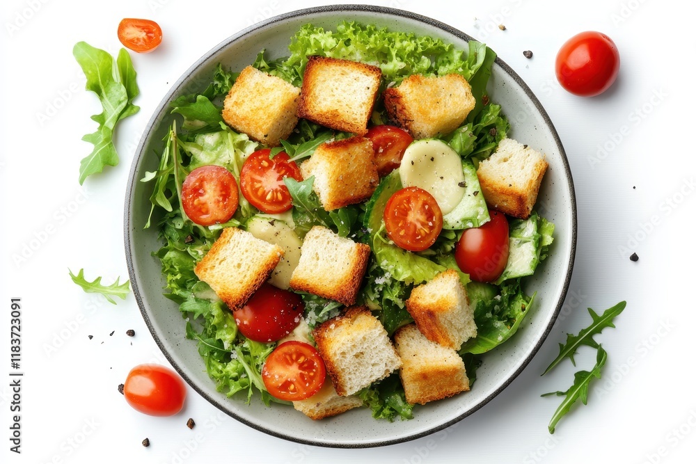 Healthy Caesar salad on white background top view Healthy Caesar salad on white background top view
