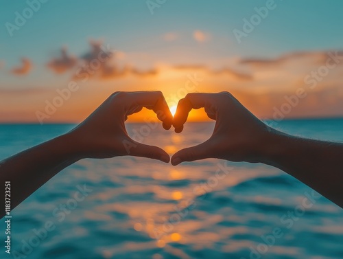 Hands forming a heart shape at sunset by the ocean photo