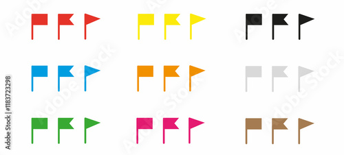 a large set of multi-colored flags of different shapes, location icons