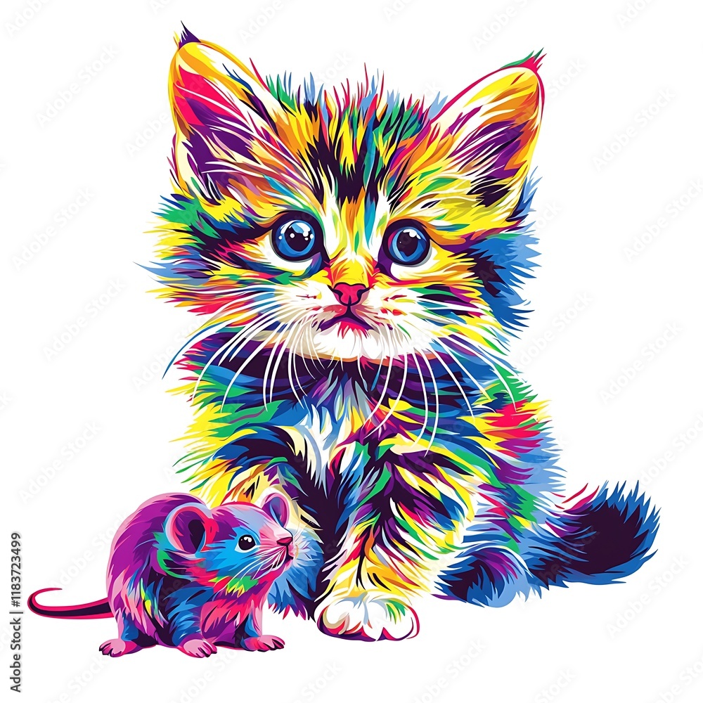 Fototapeta Colorful kitten with mouse, vibrant art, adorable pet