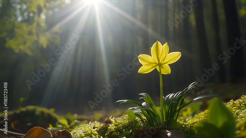 Yellow winter aconite flower in beautiful forest with sunlight