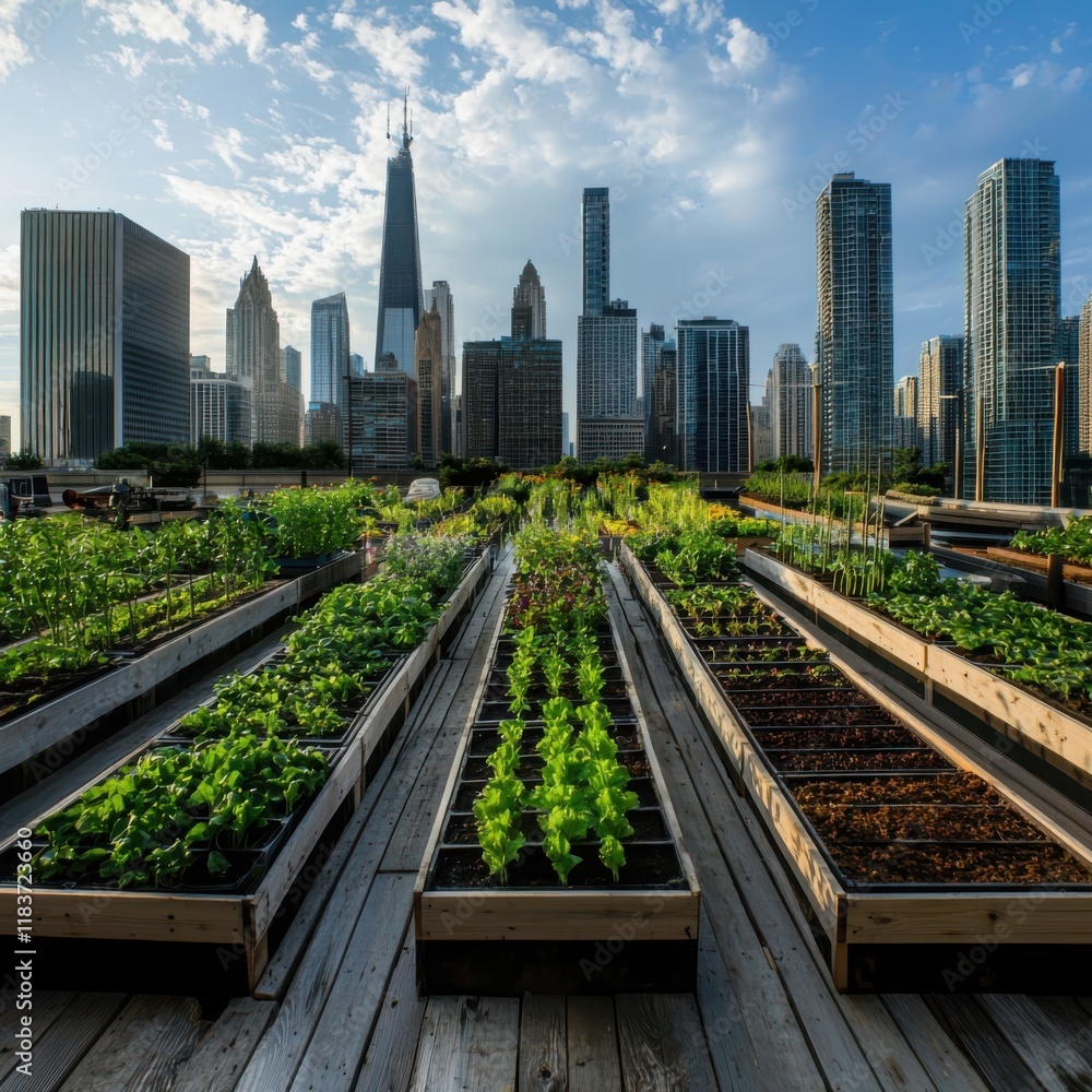 Fototapeta premium Urban farming initiative showcasing global connections rooftop garden in cityscape photographic exploration of sustainable practices