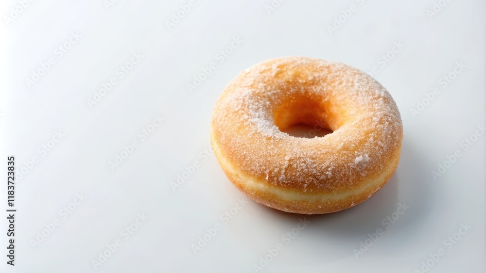 A single sugar ring donut sits alone on a plain white surface, surrounded by nothing but empty space A single sugar ring donut sits alone on a plain white surface, surrounded by nothing but empty space