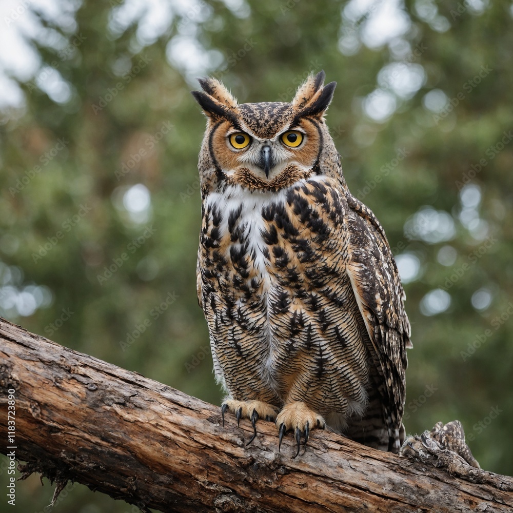 A great horned owl perched on a log, its large eyes watching, with a white background.
A great horned owl perched on a log, its large eyes watching, with a white background.