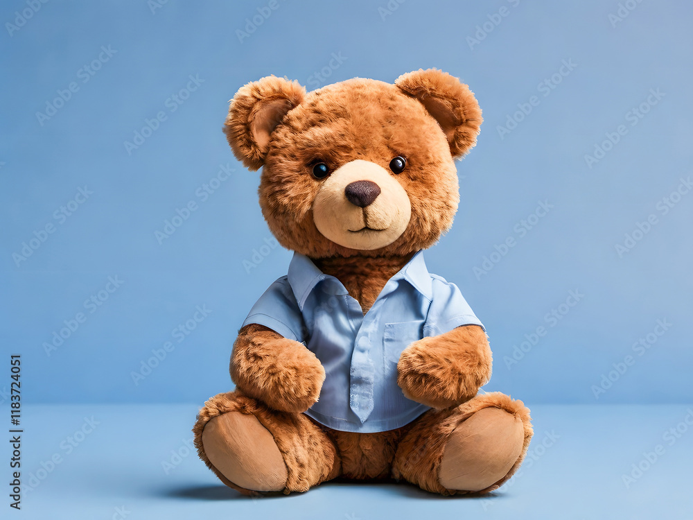 Obraz premium A cuddly brown teddy bear is sitting on a blue background, wearing a light blue shirt. Its soft fur and friendly expression make it a perfect