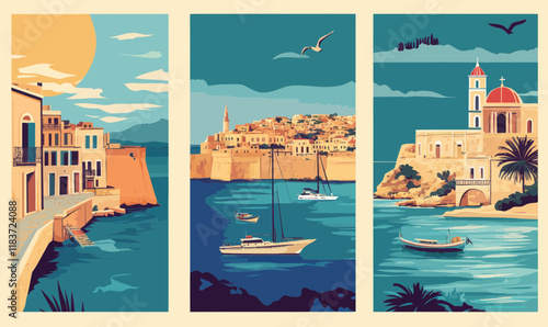 Retro European Travel Destination Posters: Crete and Rethymno Greece, Valetta Malta