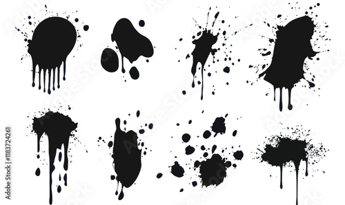 Grunge Black Ink Splotches Set: Wet Paint Drops and Splash Stains Vector Art