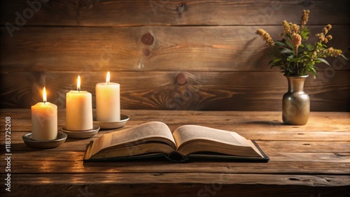 Wallpaper Mural A wooden desk with an open Bible, surrounded by candles and a vase, creating a peaceful and contemplative atmosphere , desk Torontodigital.ca