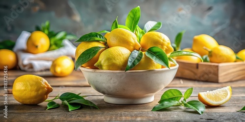 Freshly squeezed lemons with green leaves and stems arranged in a small bowl , kitchen, cooking,  kitchen, cooking