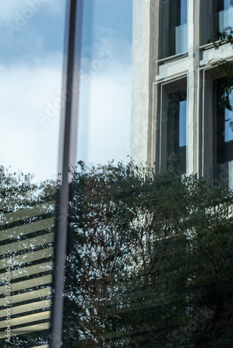 The photo presents a mix of windows reflecting nature and urban architecture, illustrating the balance between man-made structures and natural elements in modern environments. photo