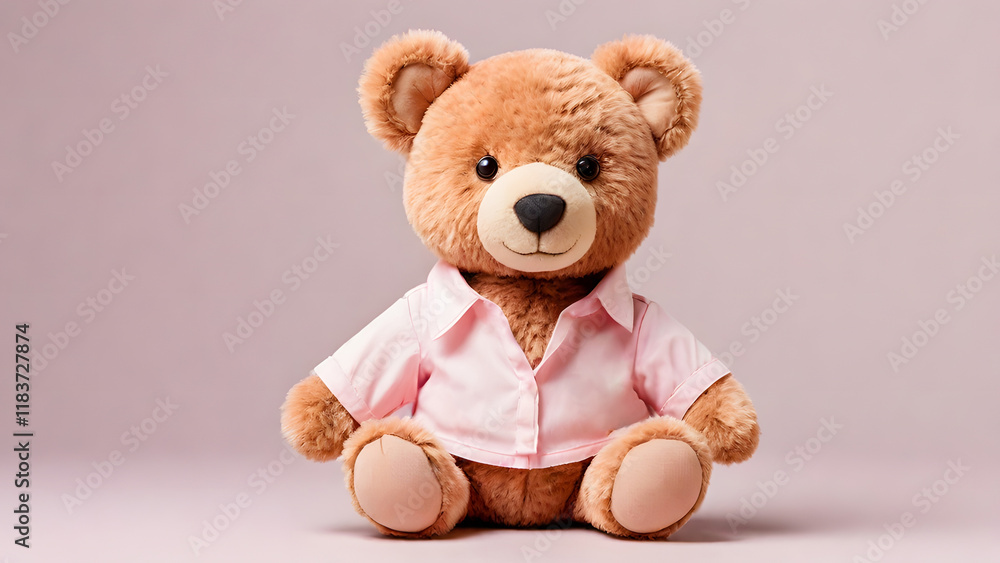 This brown teddy bear is ready for a special occasion, dressed in a beautiful pink shirt. This brown teddy bear is ready for a special occasion, dressed in a beautiful pink shirt.