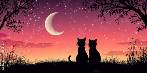 Two cats sitting together, watching the moon and stars in the sky in vibrant color