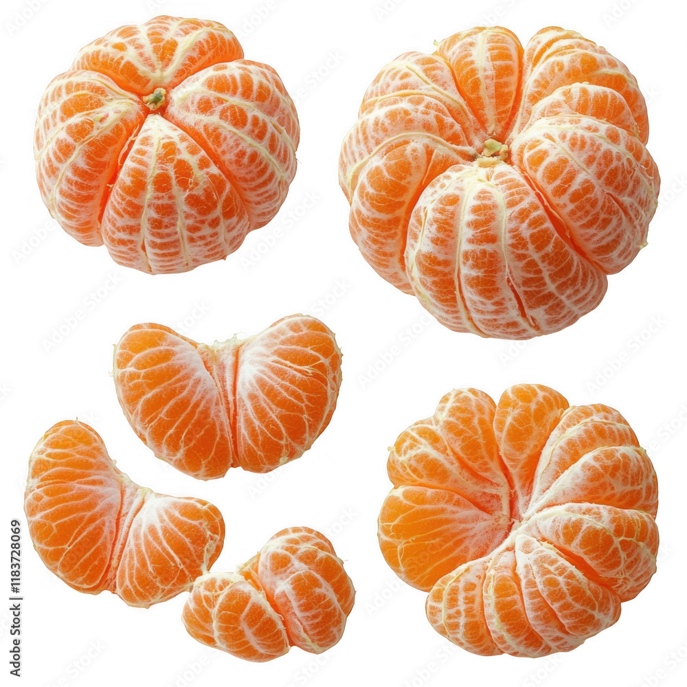 A collection of fresh and vibrant mandarin oranges, isolated on a white background showcasing their bright and colorful segments for a healthy snack. A collection of fresh and vibrant mandarin oranges, isolated on a white background showcasing their bright and colorful segments for a healthy snack.