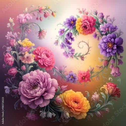 floral circular arrangement of flowers with vibrant 