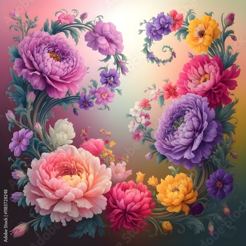 floral circular arrangement of flowers with vibrant 