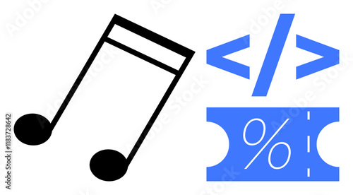 Musical note, coding tag, and discount ticket elements. Ideal for themes thumbs up creativity, technology, e-commerce, music, programming discounts communication. Abstract line flat metaphor photo