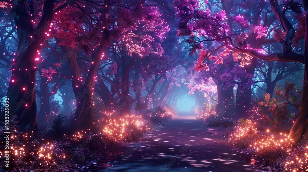 Fototapeta premium Enchanted forest path illuminated by colorful lights, creating a magical and serene atmosphere for exploration.
