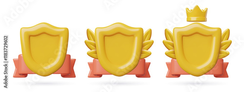 Cute 3d game badge frames with a gold shield, crown, laurel wreath and award ribbon. Achievement, rank or user level icons design isolated on white background.