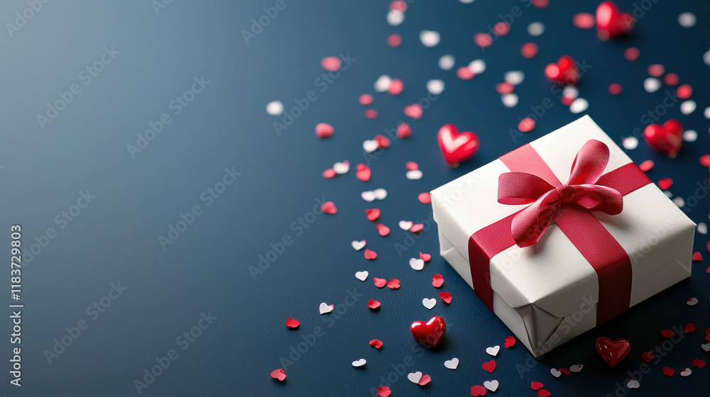 beautifully wrapped gift box with red ribbon is surrounded by scattered heart shaped confetti on dark background, creating romantic and festive atmosphere beautifully wrapped gift box with red ribbon is surrounded by scattered heart shaped confetti on dark background, creating romantic and festive atmosphere