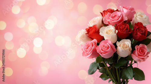 Fototapeta Naklejka Na Ścianę i Meble -  bouquet of roses in soft focus with gentle bokeh background, featuring pink, red, and white roses, creating romantic and elegant atmosphere