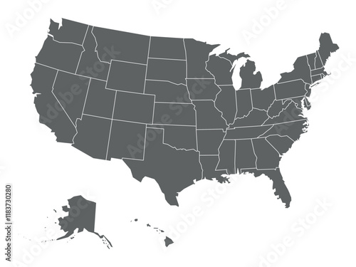 A detailed representation of the contiguous United States along with Alaska and Hawaii, highlighting the geographical division of each state with clear boundaries. Vector infographic template