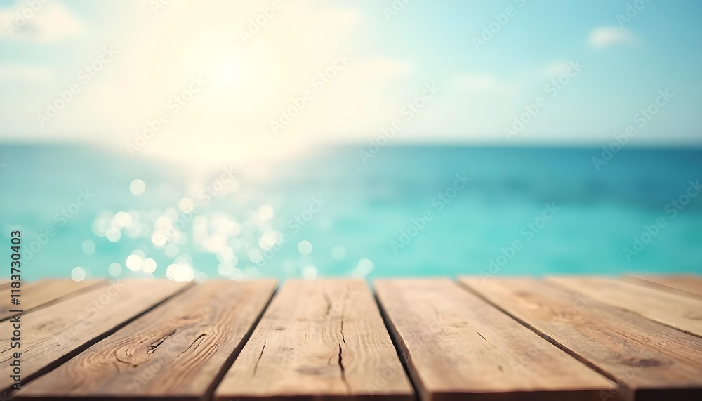 Wooden table on a tropical beach with sky and ocean in the background