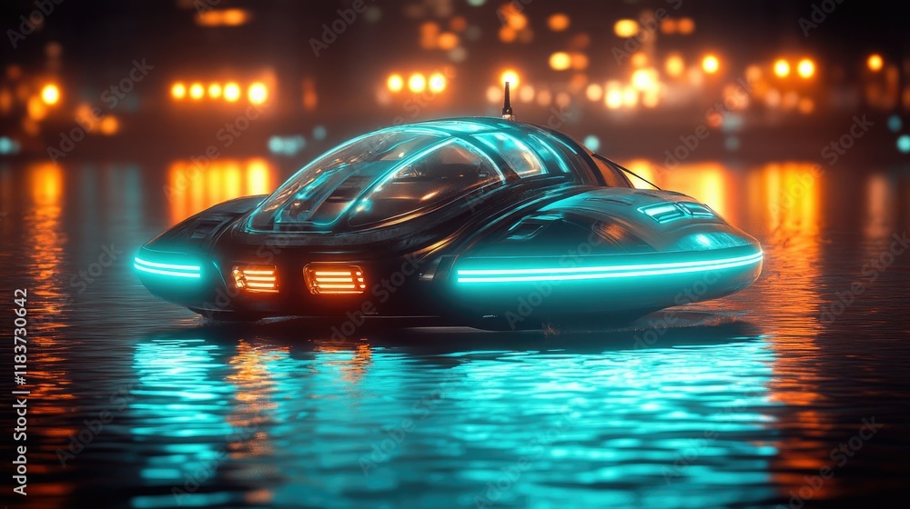 Obraz premium Futuristic Amphibious Vehicle on Cityscape Waters at Night