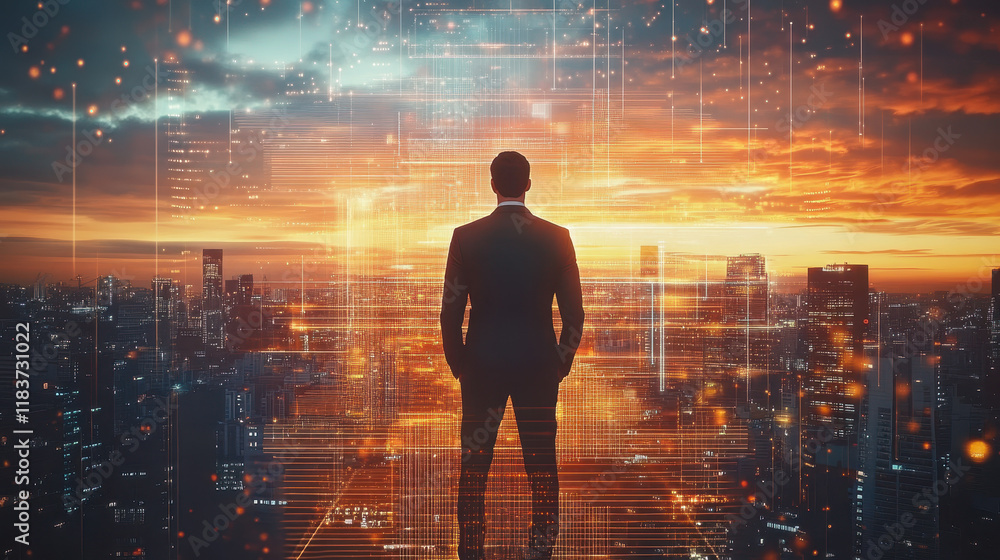 A businessman stands in front of a cityscape, surrounded by digital data, technology, and a global network concept A businessman stands in front of a cityscape, surrounded by digital data, technology, and a global network concept