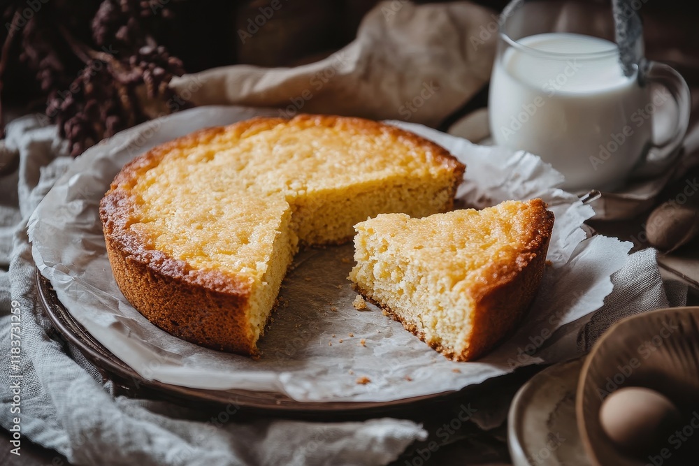 Homemade yellow honey cornbread on parchment with a slice on a plate and milk Homemade yellow honey cornbread on parchment with a slice on a plate and milk