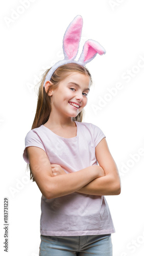 Photography Young beautiful girl wearing easter bunny ears over isolated background happy face smiling with crossed arms looking at the camera