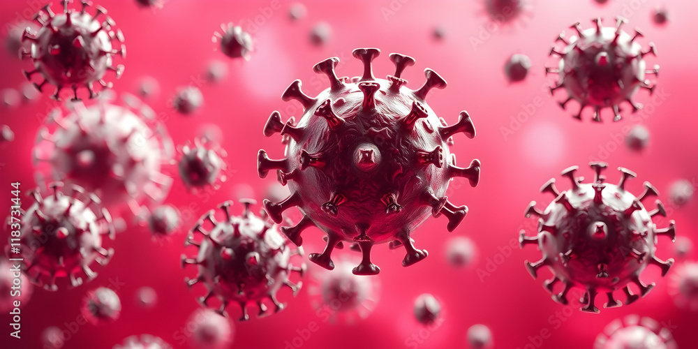 Microscopic virus particles, spiky spherical structures, pink background, medical illustration, 3D rendering, coronavirus, floating organisms, scientific visualization, microbiology, infectious Microscopic virus particles, spiky spherical structures, pink background, medical illustration, 3D rendering, coronavirus, floating organisms, scientific visualization, microbiology, infectious