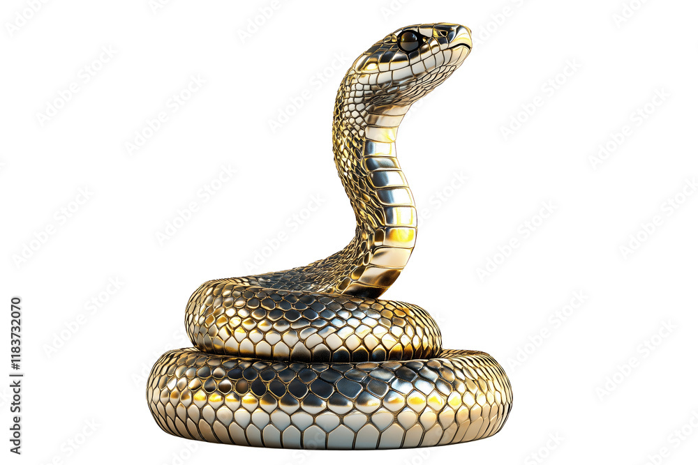 Fototapeta premium Coiled silver and golden snake sculpture with detailed scales isolated on white transparent background, reptiles or wildlife, symbolizing Chinese Lunar New year