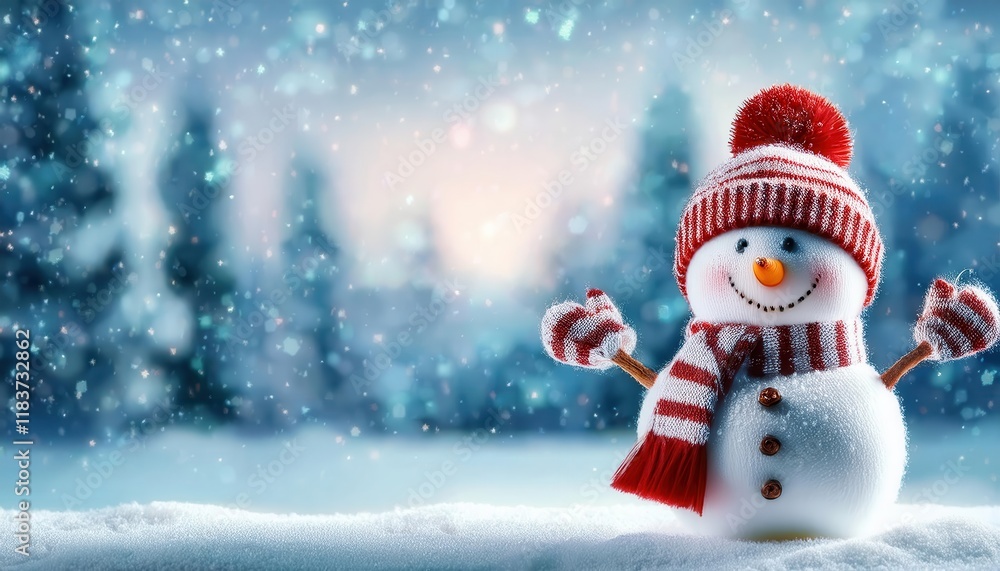 adorable snowman with red striped hat and scarf in snowy winter landscape, soft glowing bokeh lights, perfect for festive holiday designs adorable snowman with red striped hat and scarf in snowy winter landscape, soft glowing bokeh lights, perfect for festive holiday designs