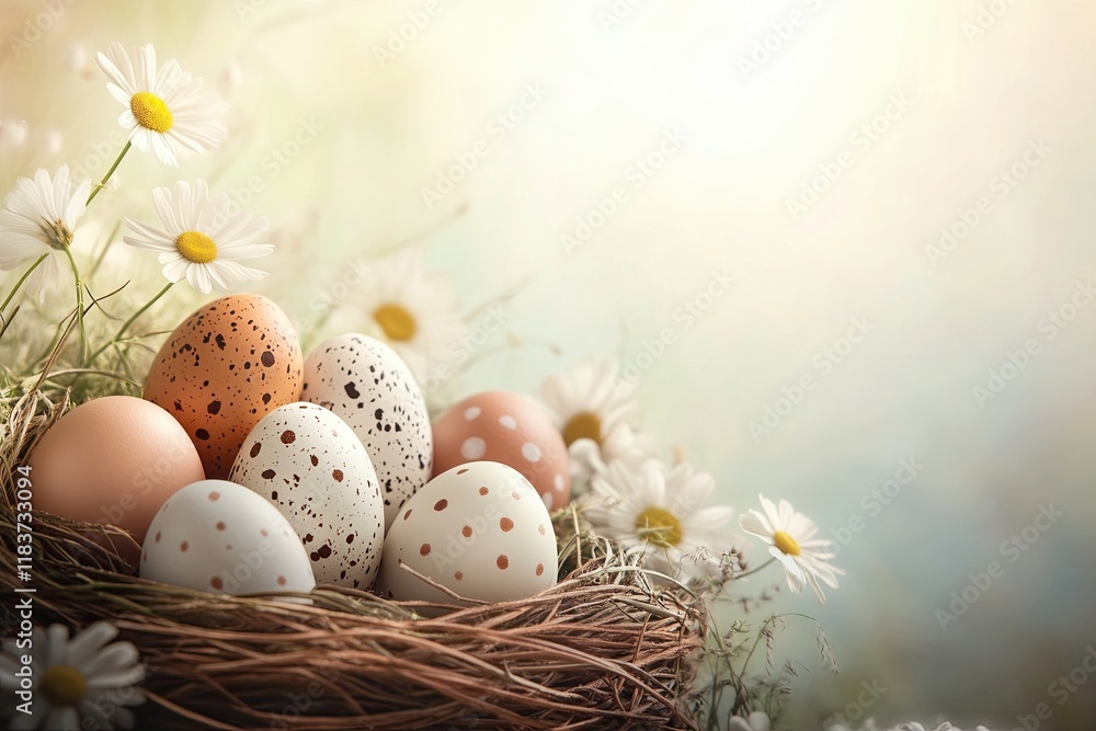 Obraz premium Speckled Easter Eggs with Daisies in Soft Sunlight, A serene display of speckled Easter eggs nestled in grass, surrounded by white daisies, with soft sunlight and a blurred bokeh background. 