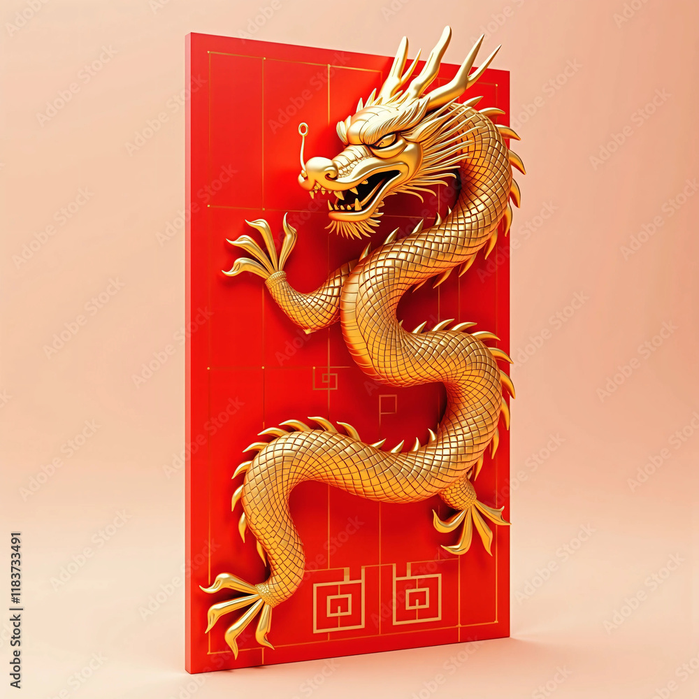 Obraz premium Red Chinese Envelope lunar chinese New year With Golden Dragon - 3D Illustration