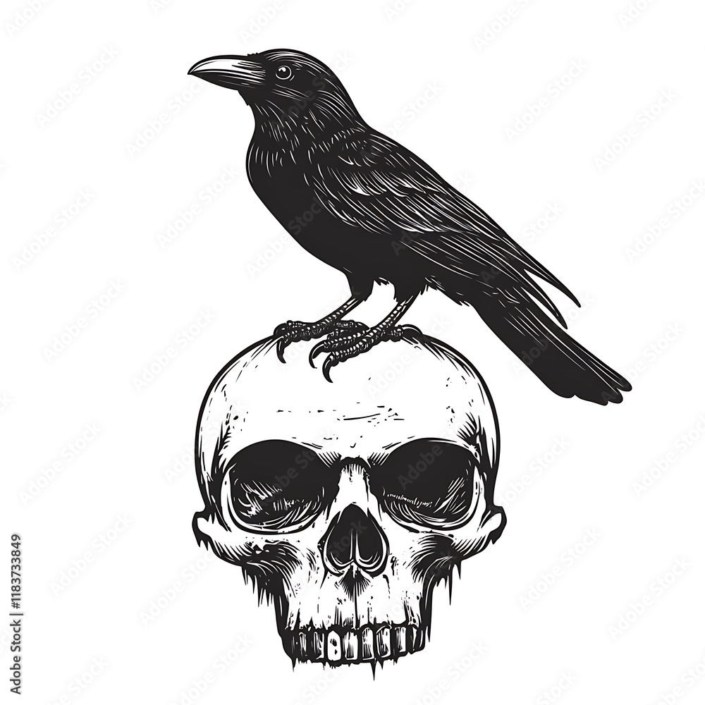 Fototapeta premium Raven on Skull Graphic