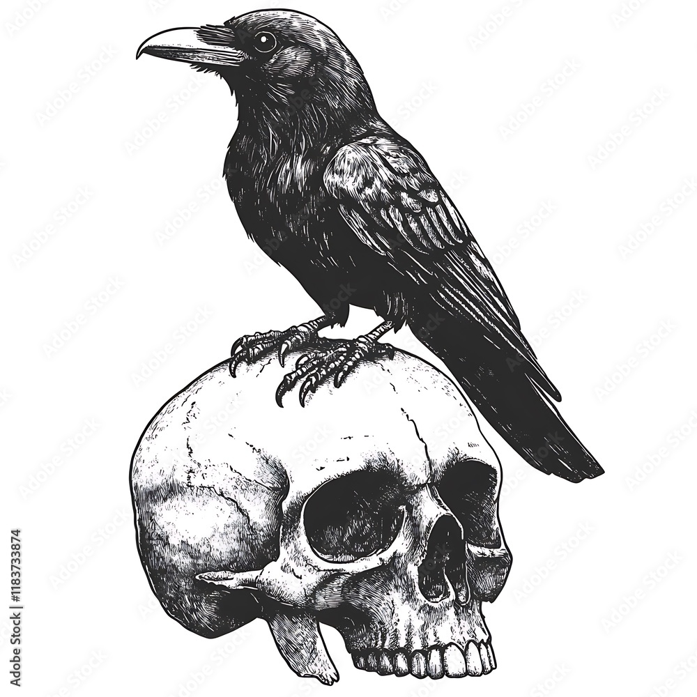 Fototapeta premium Raven on Skull, Dark Art Illustration
