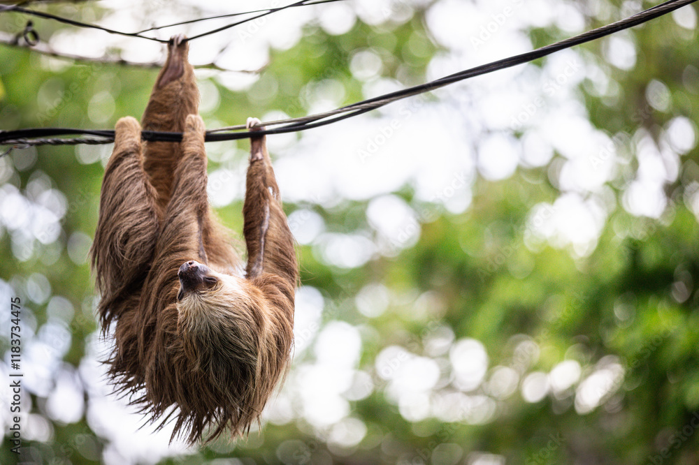 Fototapeta premium Two-toed sloth hanging from power lines in Tortuguero National Park, Costa Rica