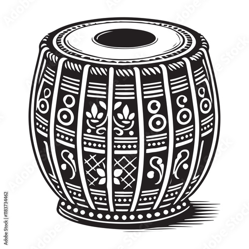 Tabla Silhouette Vector Illustration, Solid White Background.