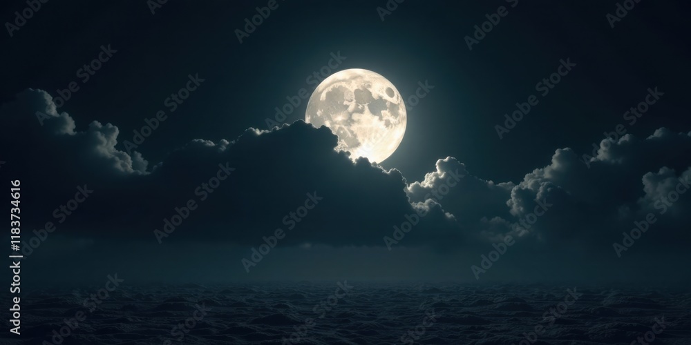 Serene Night Scene Full Moon Illuminating Cloudscape Over a Misty Landscape