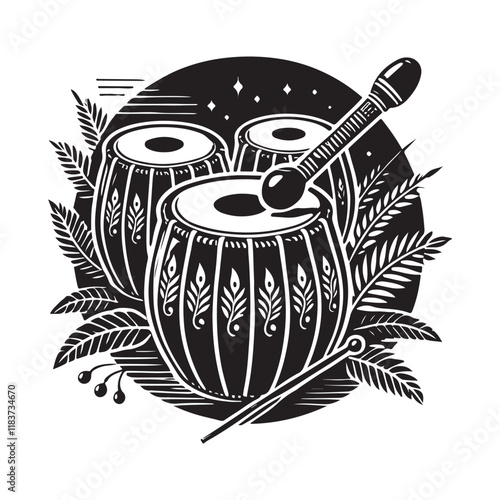 Tabla Silhouette Vector Illustration, Solid White Background.