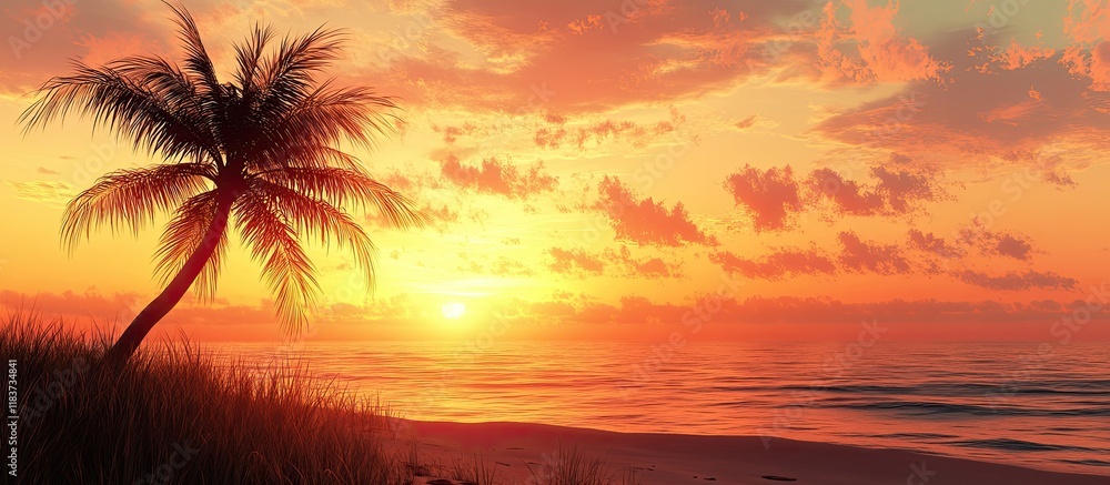 Serene Sunset on Tropical Beach with Palm Tree Silhouette Serene Sunset on Tropical Beach with Palm Tree Silhouette