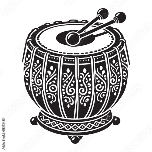 Tabla Silhouette Vector Illustration, Solid White Background.