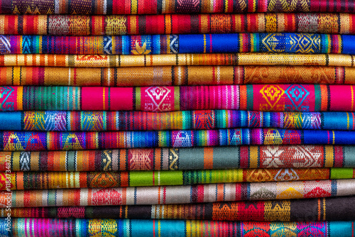 Traditional Andes textiles and fabrics on art and craft market, Otavalo, Ecuador. 