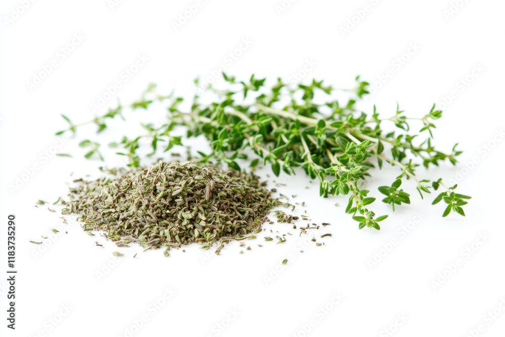 Isolated heap of dried crushed thyme on white Ground herb seasoning Isolated heap of dried crushed thyme on white Ground herb seasoning