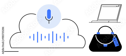 Voice recognition microphone symbol in a cloud, audio waveforms, open laptop, and handbag. Ideal for AI, cloud computing, remote work, e-commerce, productivity technology integration abstract line