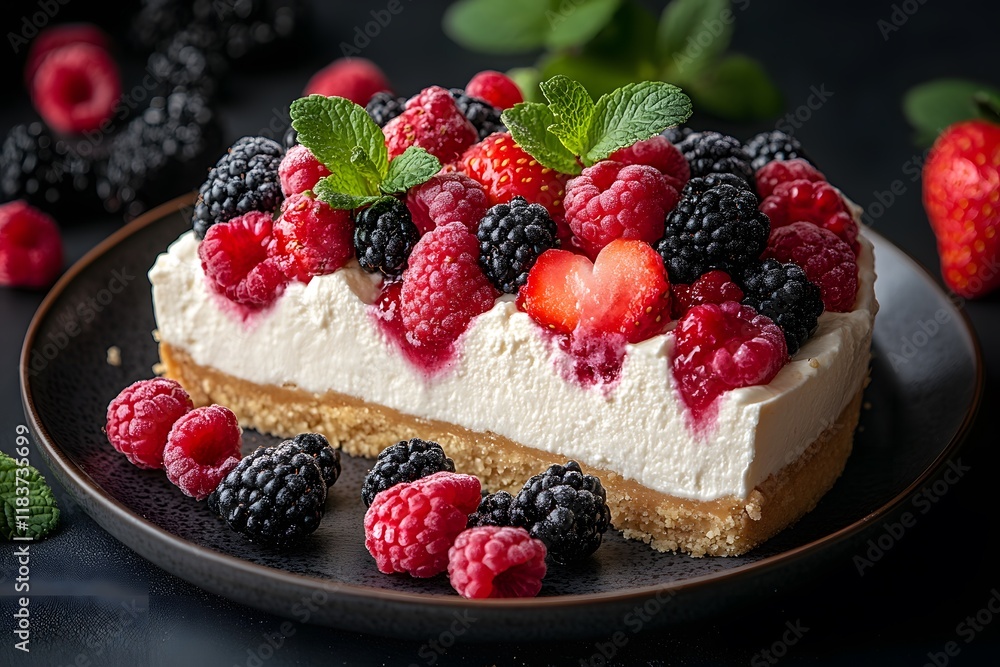 Fresh Berry Cheesecake with Creamy Topping and Mint Garnish for Desserts Fresh Berry Cheesecake with Creamy Topping and Mint Garnish for Desserts