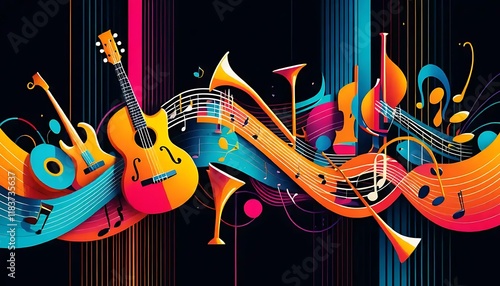 Vibrant Musical Instruments and Notes Flowing Together