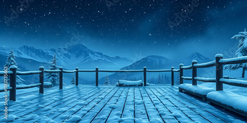 Winter landscape, starry night sky, wooden deck viewpoint, snowy mountains, pine trees, fence railing, frost, blue atmospheric lighting, peaceful scenery, holiday ambiance, cabin in distance, 