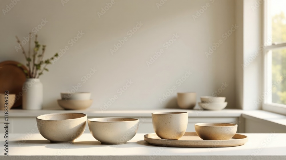 Serene Kitchen Still Life Neutral-toned Pottery Bowls and Tray in Soft Sunlight Serene Kitchen Still Life Neutral-toned Pottery Bowls and Tray in Soft Sunlight